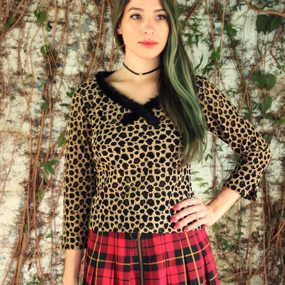 Leopard Print  Sheer Mesh Blouse with Fur Collar - Picture 2 of 4